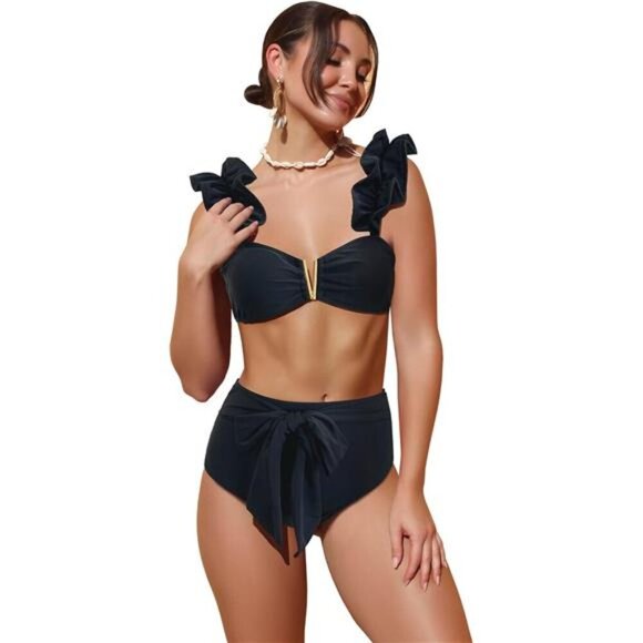 Women’s High Waisted Ruffle Bikini Set - Flounce Straps V-Neck Tie Back